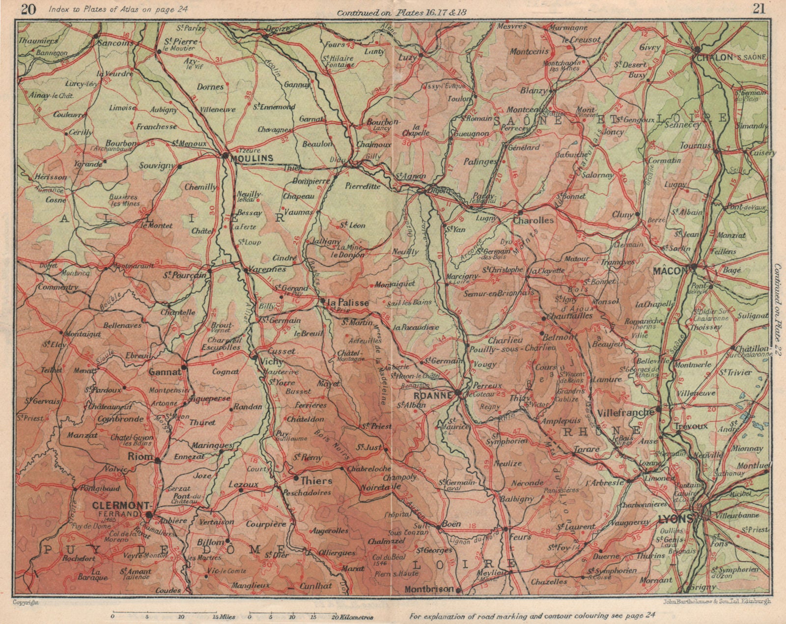 ALLIER PUY-DE-DOME RHONE SAONE-ET-LOIRE. Lyons Clermont-Ferrand Moulins 1930 map